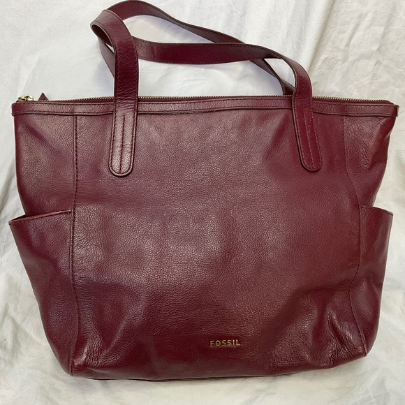 Burgundy Fossil Leather Shoulder Bag Tote - Picture 1 of 15